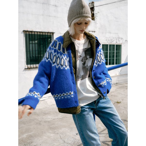 Double Layer Quilted Cardigan (Khaki/Blue)