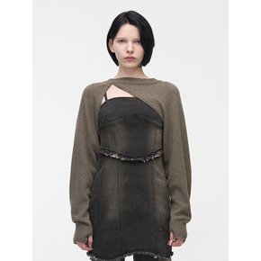 CASHMERE SIGNATURE UNBALANCE BOLERO KNIT TOP - KHAKI