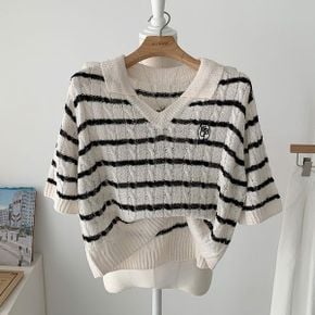 카라 브이넥 부클 꽈배기 크롭 단가라 니트_P392879315