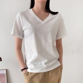 여자 V넥 반소매 면혼방 클래식 컷아웃 티셔츠