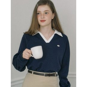 Pique Open Collar Sweatshirt - Navy