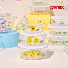 노티드 유리 밀폐용기 4면 반찬통 원형 380ml + 620ml + 960ml