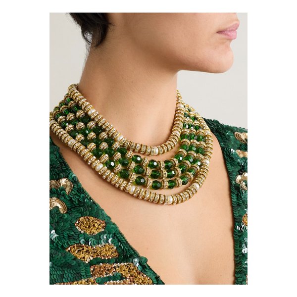 골드톤 크리스털 인조 진주 네크리스 그린 1647597358566148