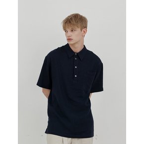 Linen pullover double pocket 1/2 shirt (navy)