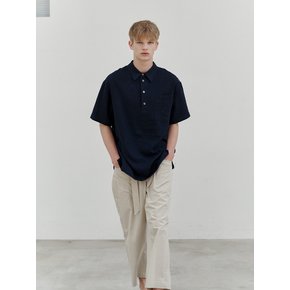 Linen pullover double pocket 1/2 shirt (navy)