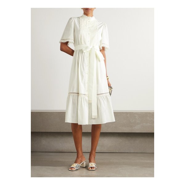 벨트 레이스 트리밍 핀턱 코튼 포플린 미디 드레스 화이트 46376663162855394