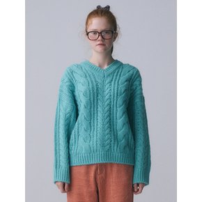 V-NECK CABLE KNIT PULLOVER, BLUE