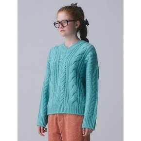 V-NECK CABLE KNIT PULLOVER, BLUE