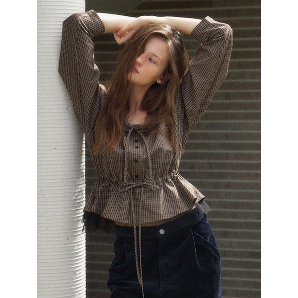 Check and Chiffon Blouse_Brown
