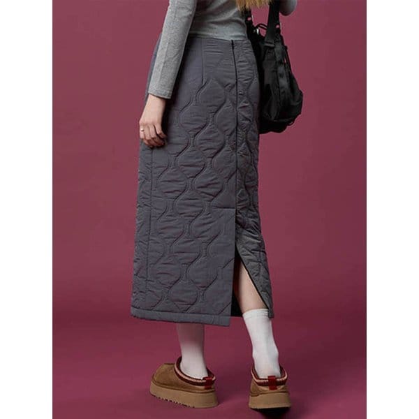 패딩 방한 보온 도톰 누빔 퀼팅 자수 롱스커트 [차콜그레이]