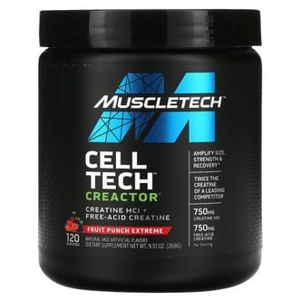  MuscleTech Cell Tech CREACTOR 크레아틴 HCl 및 유리산 크레아틴 함유 프루트 펀치 익스트림 맛 269g(9.51oz)