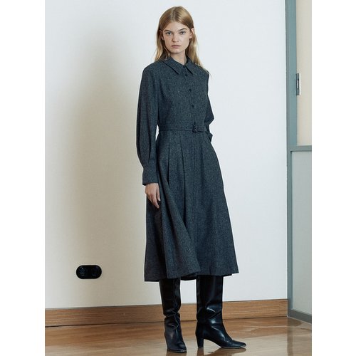 [Day-Wool] Wool-blend Belted Shirt Dress