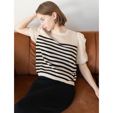 제이마크뉴욕 Balloon sleeve stripe knit_Beige