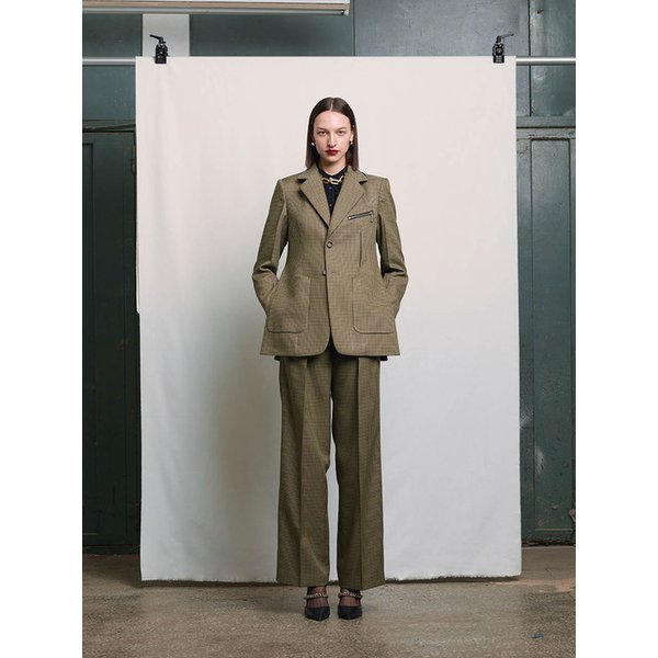 BEIGE HOUNDSTOOTH CHECK GUSSET COLLAR SINGLE JACKET