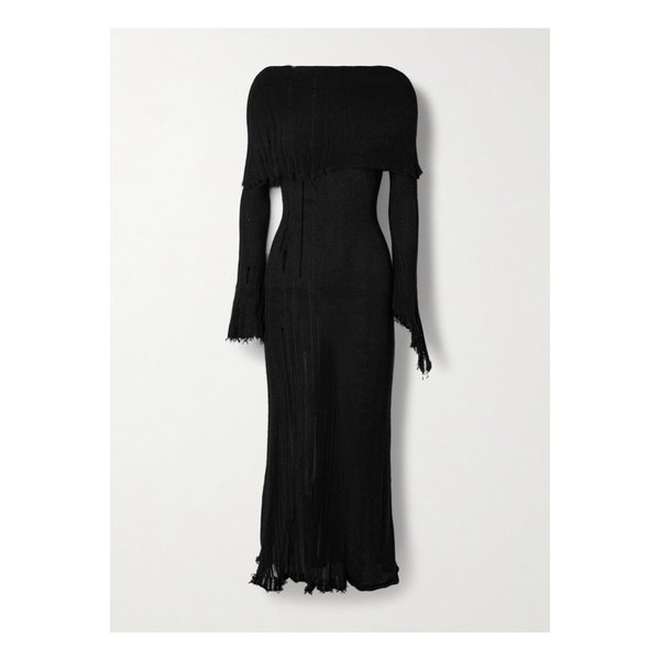 오프숄더 디스트레스 골지 코튼 혼방 맥시 드레스 블랙 1647597326702296