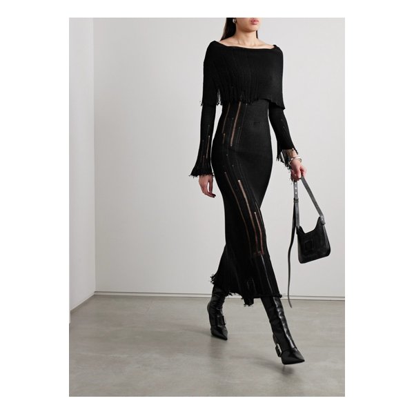 오프숄더 디스트레스 골지 코튼 혼방 맥시 드레스 블랙 1647597326702296