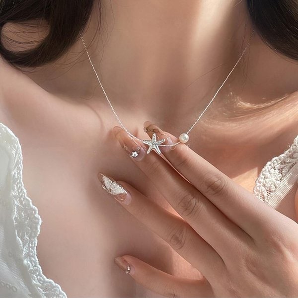 [옷자락] 여자 스타피쉬 불가사리 진주팬던트 실버 심플 목걸이