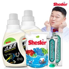 강호동의 쉬슬러 액상 세제 스포츠의류전용 650ml 2개+세제리필 500ml 1개+구취케어 치약100g 1개.