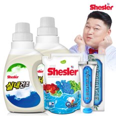 강호동의 쉬슬러 액상 세제 실내건조전용 650ml 2개+세제리필 500ml 1개+치석케어 치약 100g 1개.