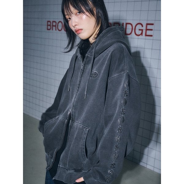 [2-WAY] 슬리브 스타 피그먼트 후드 집업 스모크블랙