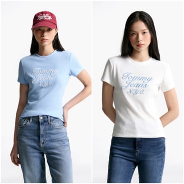 타미진스 여성 슬림 와플 자수 티셔츠 T32F6TTO14TWT1 TOMMY JEANS