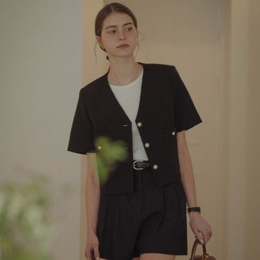 틸아이다이 Collarless pearl button summer tweed jacket_Black