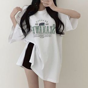 시호크스나염 라운드박스 반팔롱티셔츠 여성데일리 레터링 빅사이즈 루즈핏 면.._P394854019