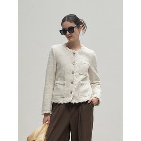 No Collar Round Trimming Jennie Tweed Jacket Ivory