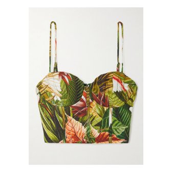 FARM RIO 팜리오 보타니컬 포레스트 크롭 플로럴 프린트 리넨 혼방 탑 그린 1647597359318901