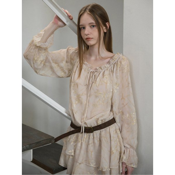 시스루 골드 자수 프릴 원피스 & 스웨이드 벨트 set