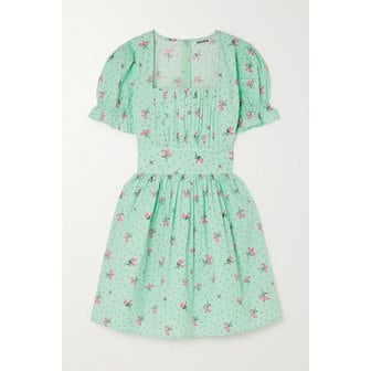 BATSHEVA 바체바 팝햄 핀턱 플로럴 프린트 코튼 포플린 미니 드레스 터쿼이즈 1647597302477846