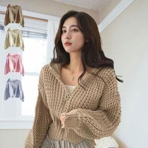 여자 짜임 지퍼 벌룬 와플 후드 가디건