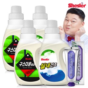 강호동의 쉬슬러 액상 세제 650ml 구스다운워시전용 2개+실내건조전용 2개+잇몸케어 치약 100g 1개.