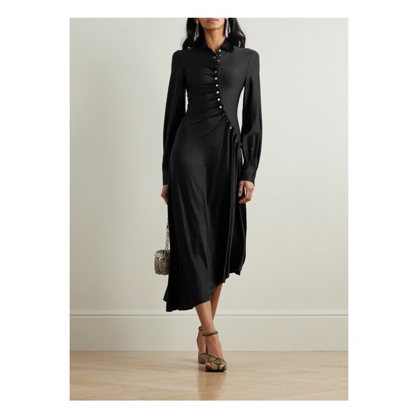 장식 개더 새틴 저지 미디 셔츠 드레스 블랙 46376663162853758