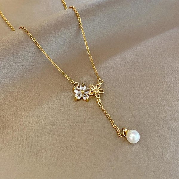 [옷자락] 여자 길이조절 플라워 큐빅 진주 골드 드롭 목걸이