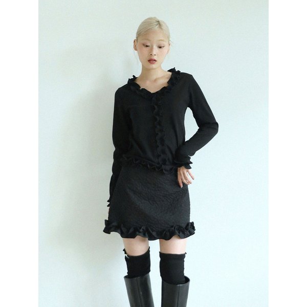 RUFFLE RIBBED T-SHIRT(BLACK)