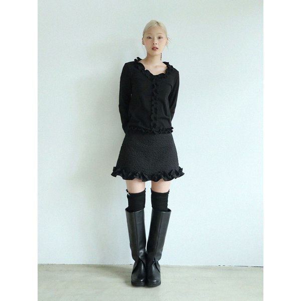 RUFFLE RIBBED T-SHIRT(BLACK)