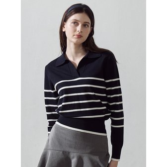 로드로아르 [LDFKP62NA] 시그니쳐 스트라이프 카라 긴팔 니트 NAVY