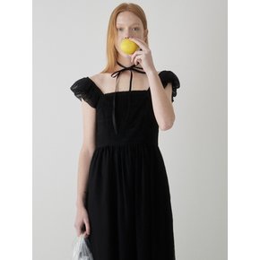 Square Neck Lace Long Dress - Black