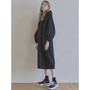 Volume Sleeve Long Hooded Dress - BLACK (기모)