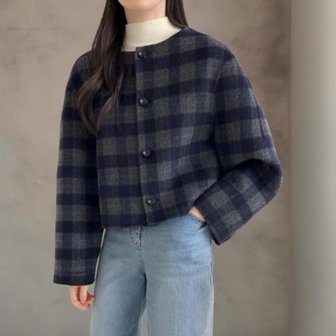 신세계라이브쇼핑 [옷자락] 여성 클래식 울 체크 라운드넥 투웨이 짧은 재킷