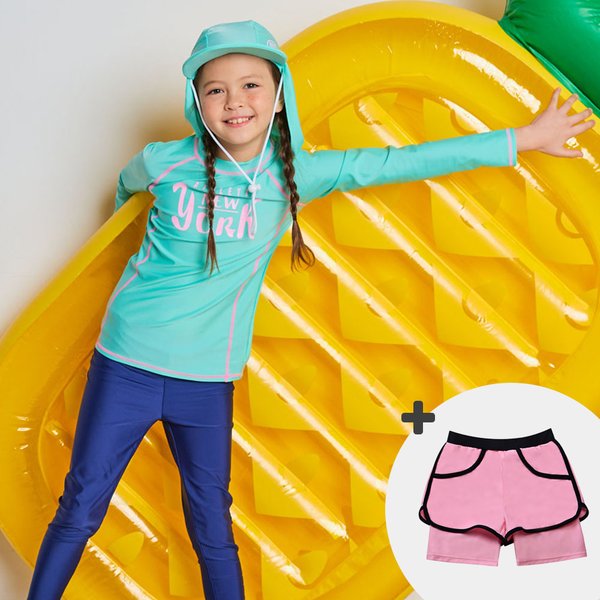 [파주점] 주니어 아동 여아 래쉬가드 플랩캡 4피스 초등학생 수영복 세트 BR-3010566