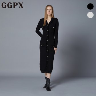 GGPX V넥 프린지 디테일 진주 버튼 트위드 니트 원피스 (GOAOP004F)