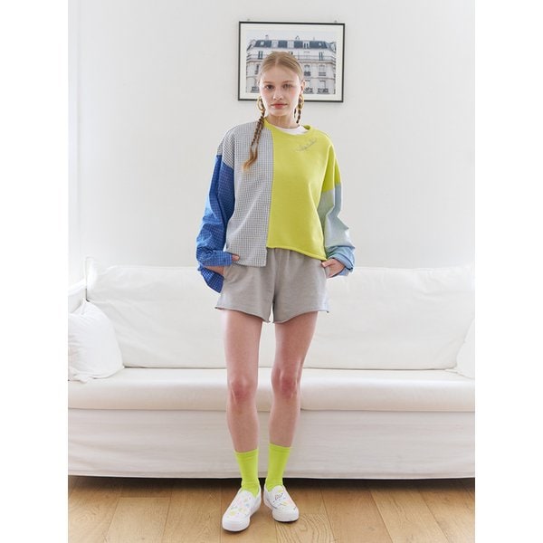 라임 체크 믹스 셔츠 맨투맨 티셔츠