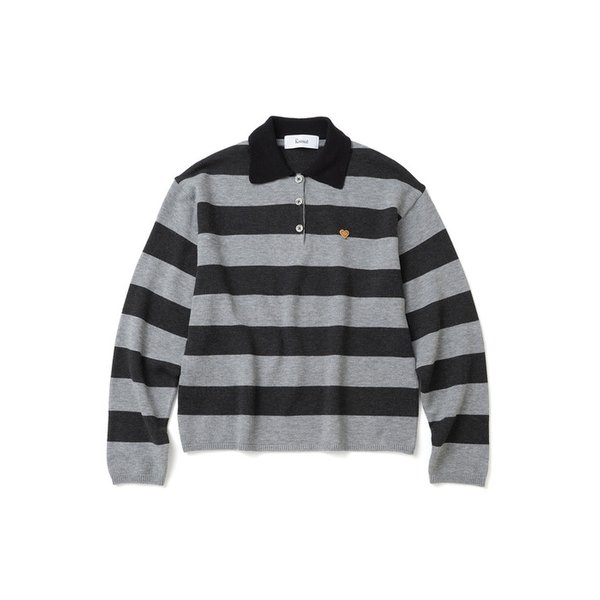 (UNISEX) 스트라이프 럭비 카라 니트 BLACK