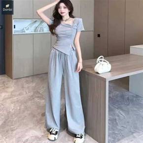 여성 언발란스사선 반팔티+팬츠 투피스셋업 세트 여성투피스세트 러블리룩 투피스원피스 예쁜투피스