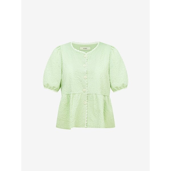 시어서커 버튼 퍼프 블라우스 (TKBAG2489)