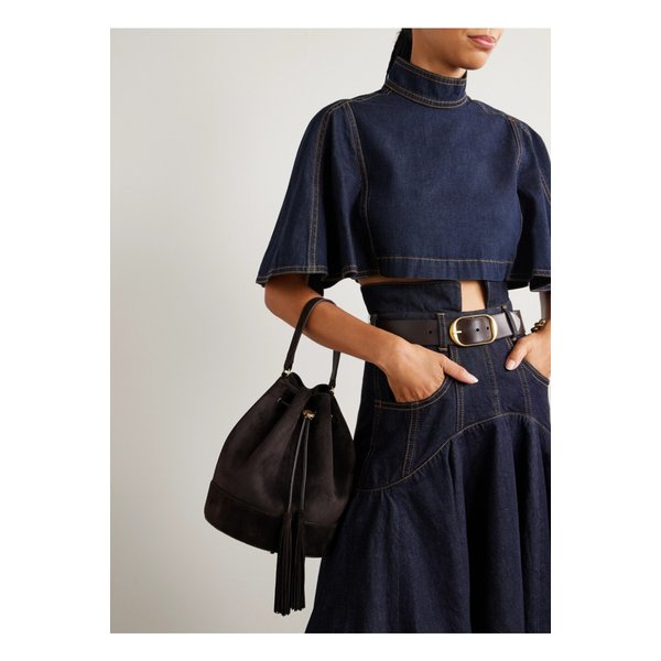 시에나 태슬 가죽 트리밍 스웨이드 버킷 백 다크 브라운 46376663162900248