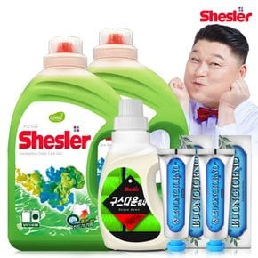 강호동의 쉬슬러 액상 세제 유칼립투스 3.05L 2개+구스다운워시전용 650ml 1개+치석케어 치약 100g 2개.