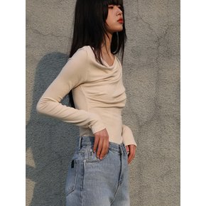 Micro Ribbed Cowl Neck T-Shirt_Beige